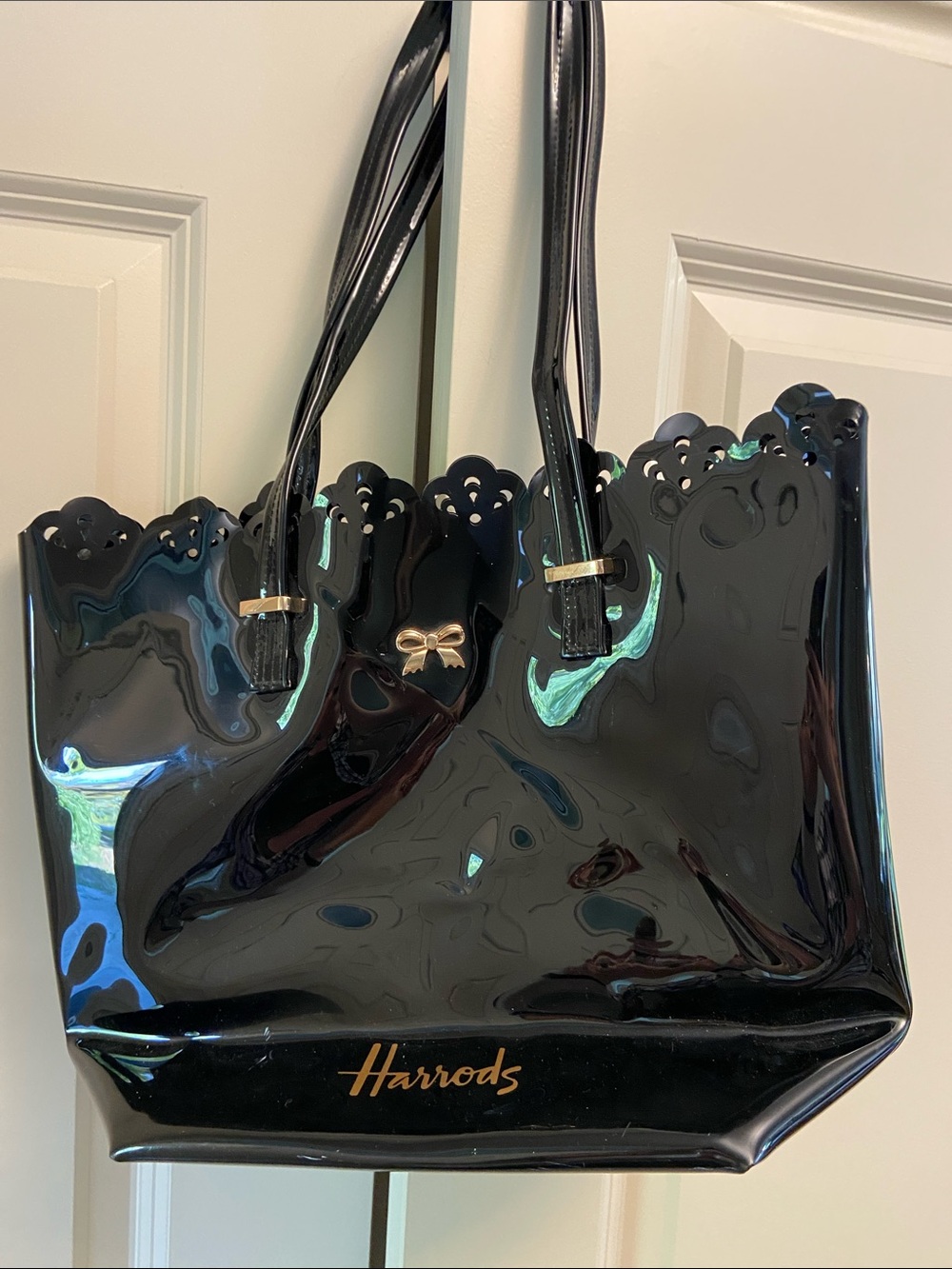 Harrods Black Patent Tote with Gold Logo and Bow Accent